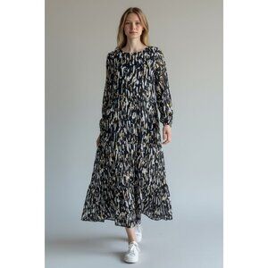 Womens M/L Long Sleeve Maxi Dress Boho Tiered Chiffon Black Gold White Comfort